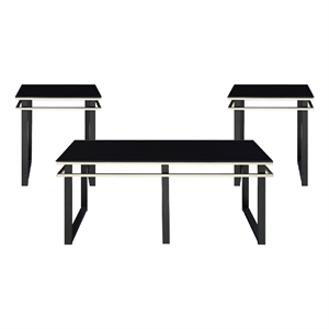 Zamie 3pc Coffee and End Table Set- Black Glass Top- Gold Accents