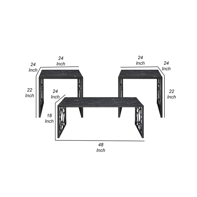 Melin 3pc Coffee and End Table Set- Geometric- Black Glass Marbled Top