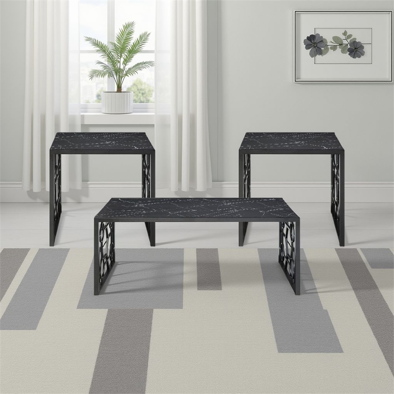Melin 3pc Coffee and End Table Set- Geometric- Black Glass Marbled Top