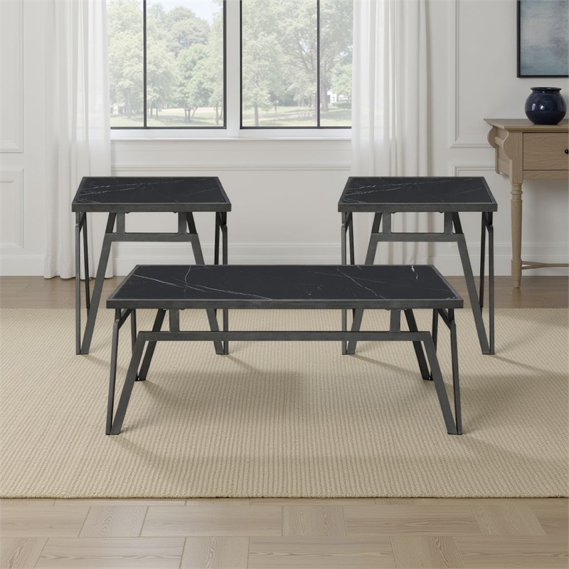 Howie 3pc Coffee and End Table Set- Black Sintered Stone- Bronze