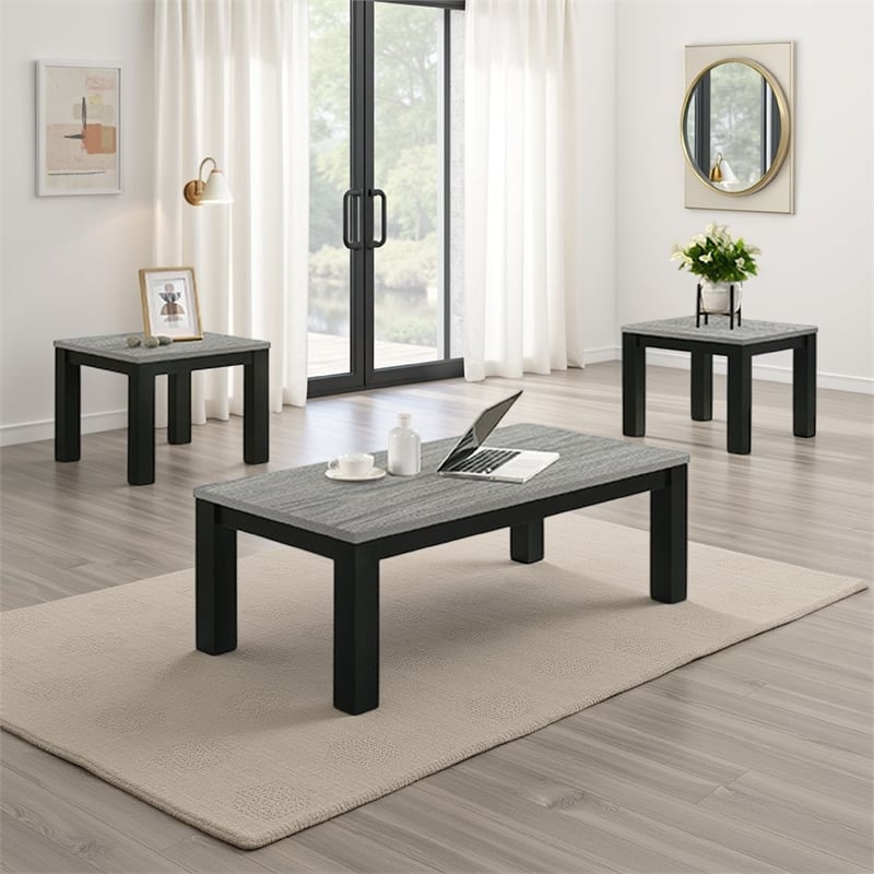 Tex 3pc Coffee and Side End Table Set- Gray Top- Black Wood Legs