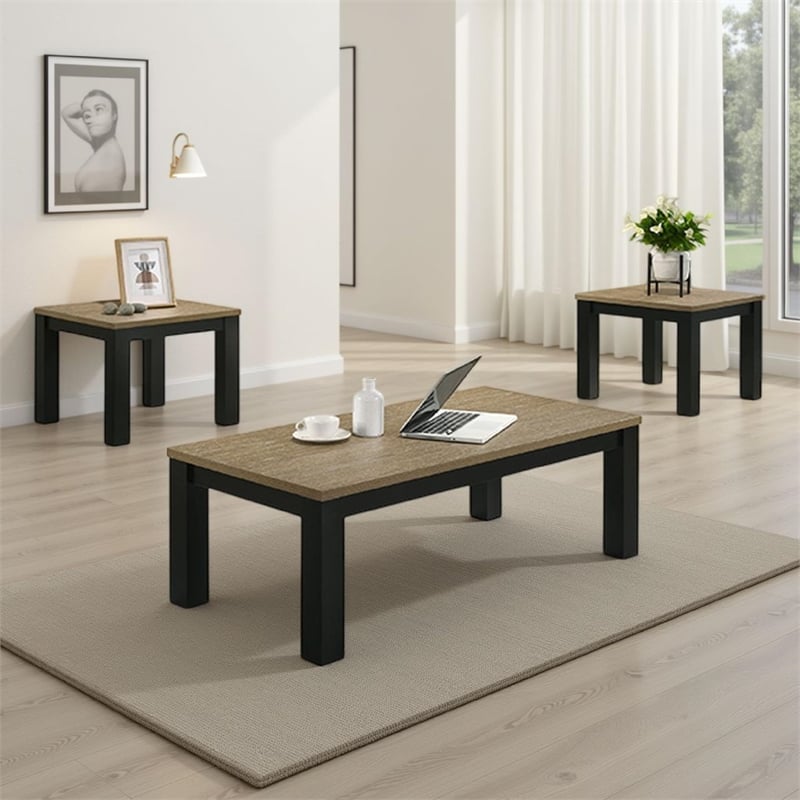 Tex 3pc Coffee and Side End Table Set- Brown Top- Black Wood Legs