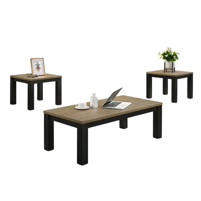Tex 3pc Coffee and Side End Table Set- Brown Top- Black Wood Legs