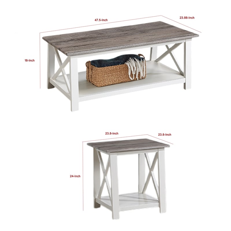 Heo 3pc Coffee and Side End Table Set- Gray Wood Top- White X Legs