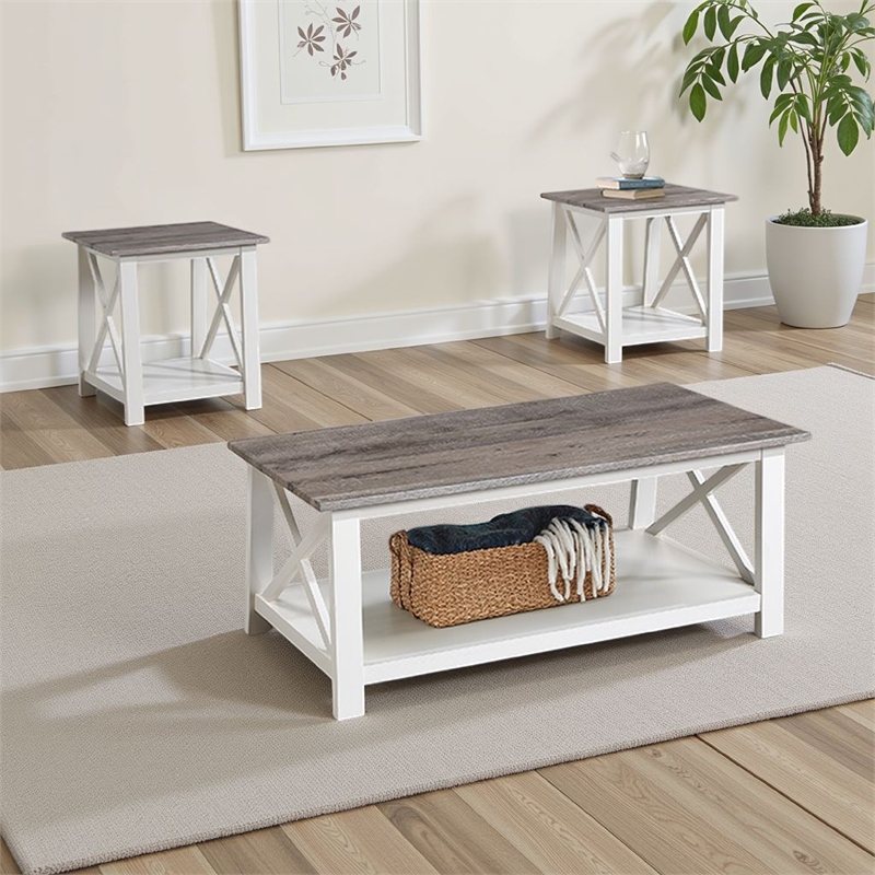 Heo 3pc Coffee and Side End Table Set- Gray Wood Top- White X Legs