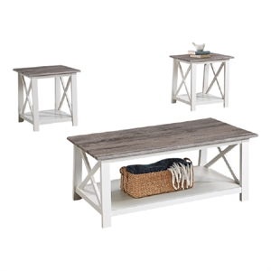 Heo 3pc Coffee and Side End Table Set- Gray Wood Top- White X Legs