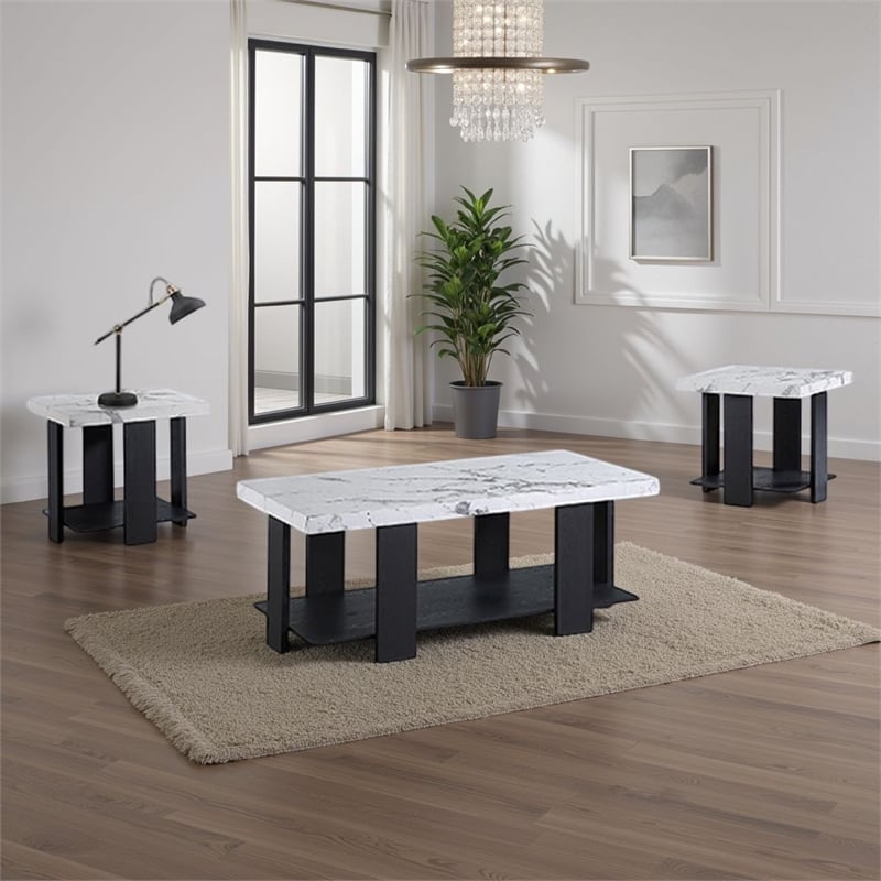 Birz 3pc Coffee and Side End Table Set- Beige Wood Top- Gray Base