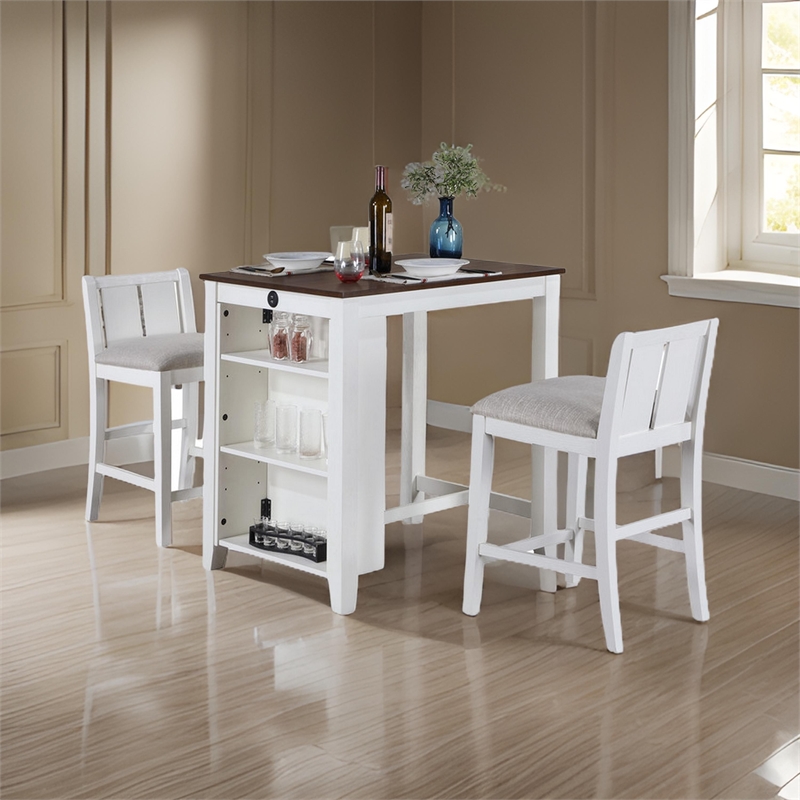 Ham 3 Piece Counter Height Compact Dining Table- Chair Set- White Wood