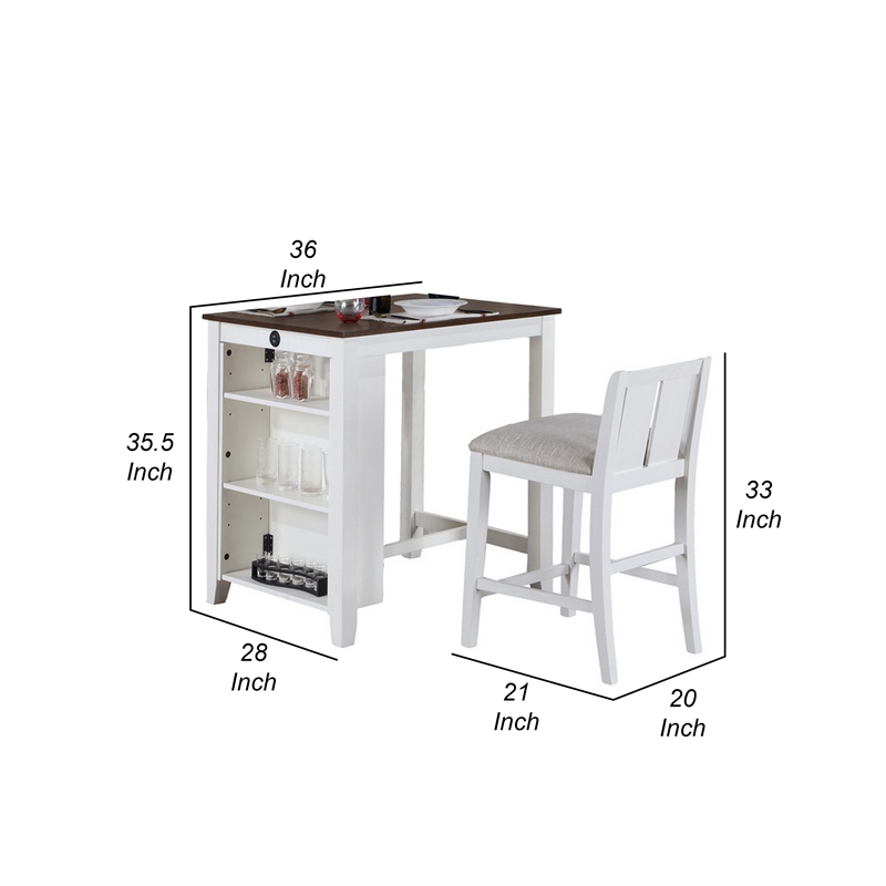 Ham 3 Piece Counter Height Compact Dining Table- Chair Set- White Wood