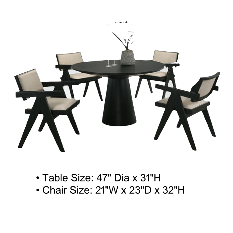 Bili 5pc Round Dining Table and 4 Armchairs Set- Open Back- Beige- Black