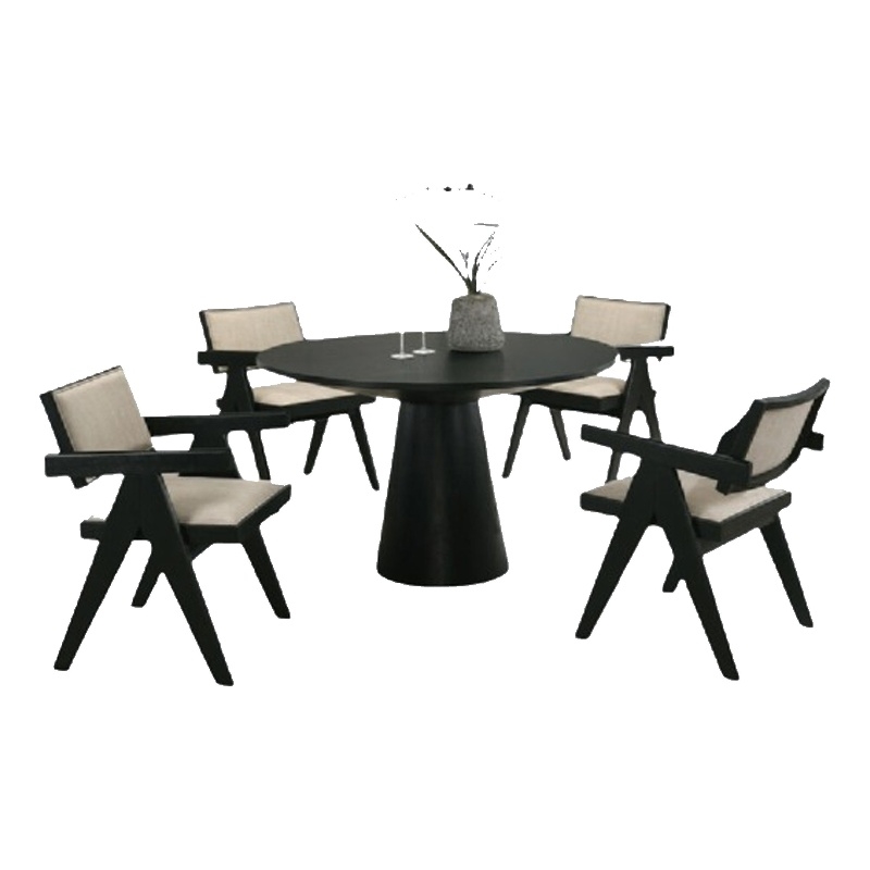 Bili 5pc Round Dining Table and 4 Armchairs Set- Open Back- Beige- Black