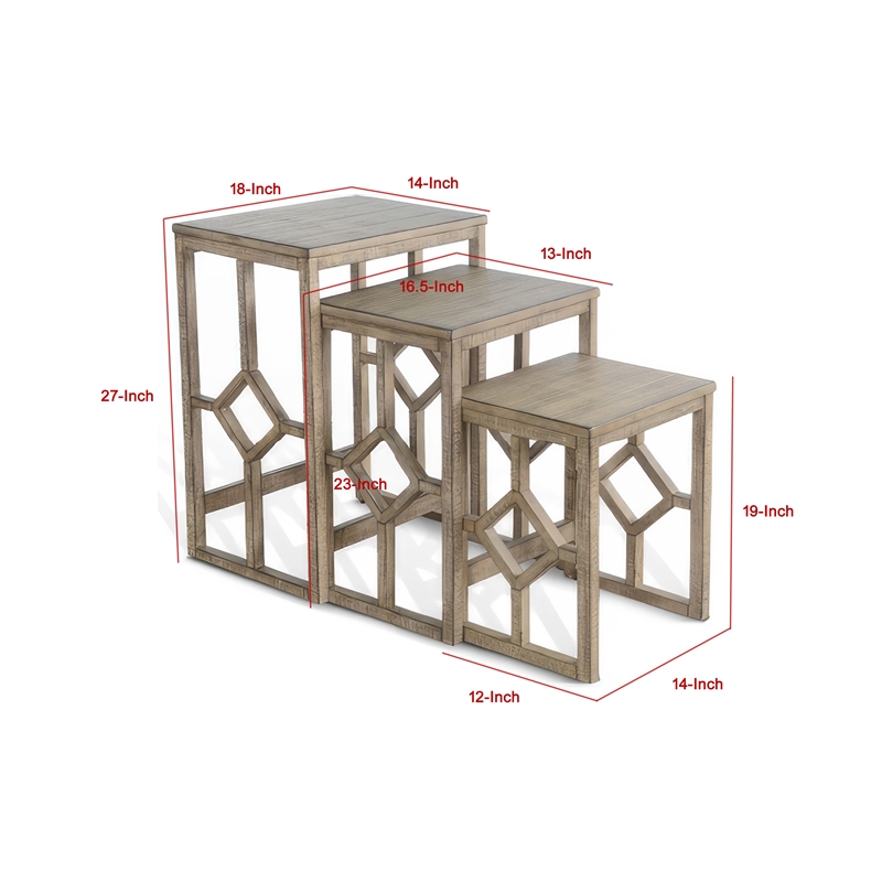 Rena 3 Piece Nesting Accent Table Set - Geometric Frame - Solid Mahogany Wood