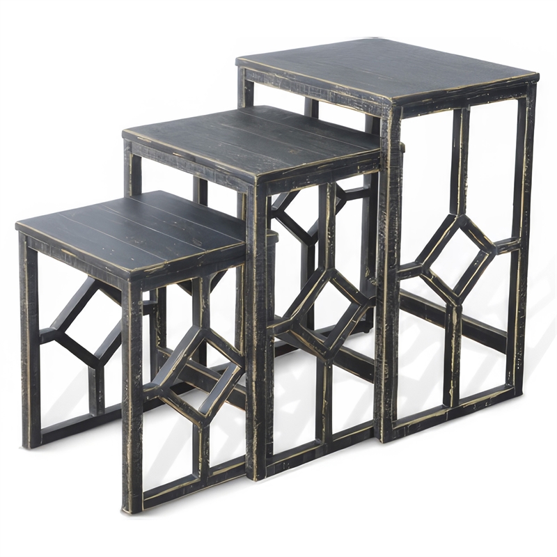 Rena 3 Piece Nesting Accent Table Set- Slatted- Rustic Black Mahogany