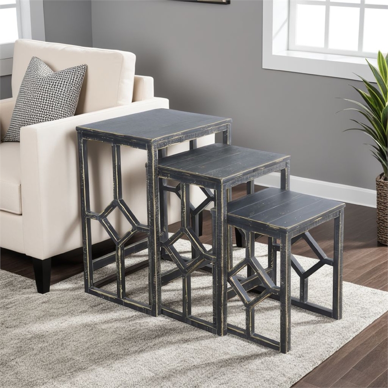 Rena 3 Piece Nesting Accent Table Set- Slatted- Rustic Black Mahogany