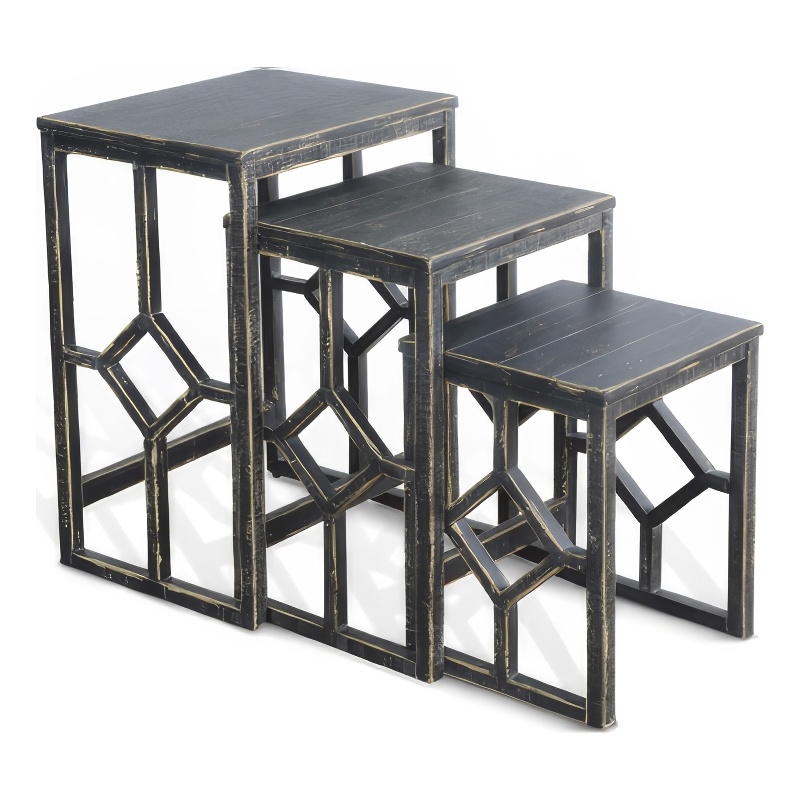 Rena 3 Piece Nesting Accent Table Set- Slatted- Rustic Black Mahogany