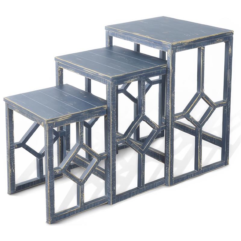 Rena 3 Piece Nesting Accent Table Set- Slatted- Rustic Blue Mahogany