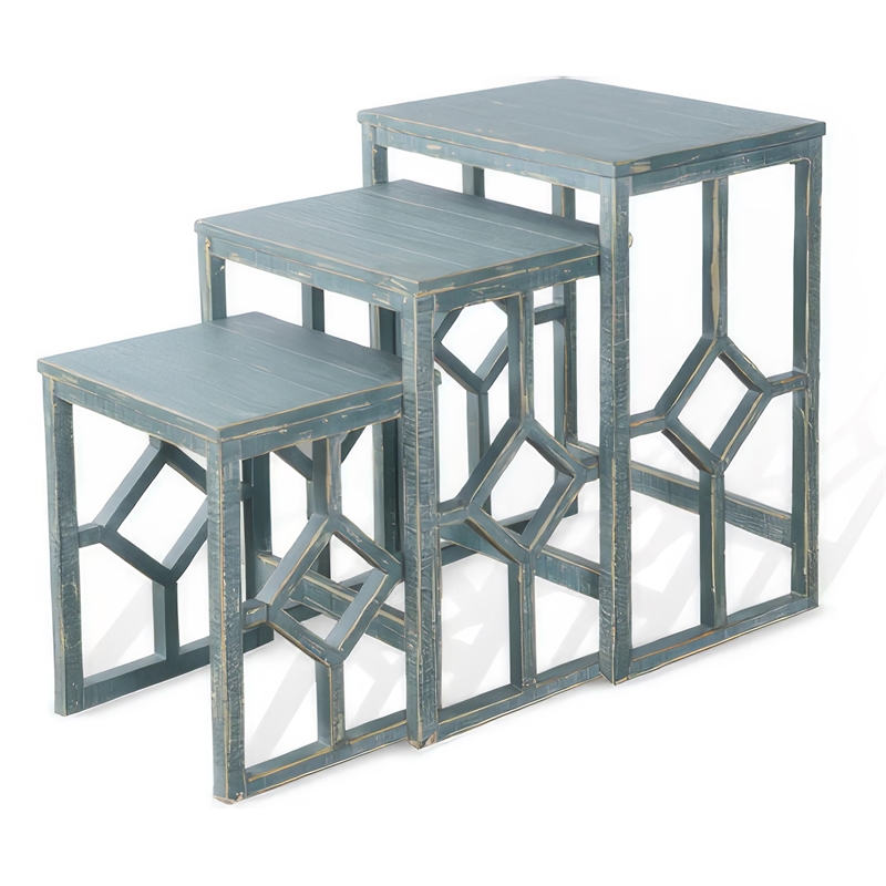 Rena 3 Piece Nesting Accent Table Set- Slatted- Rustic Green Mahogany