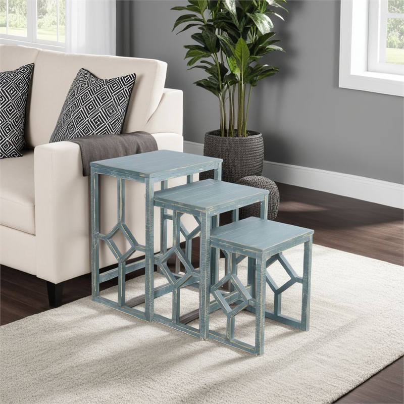 Rena 3 Piece Nesting Accent Table Set- Slatted- Rustic Green Mahogany
