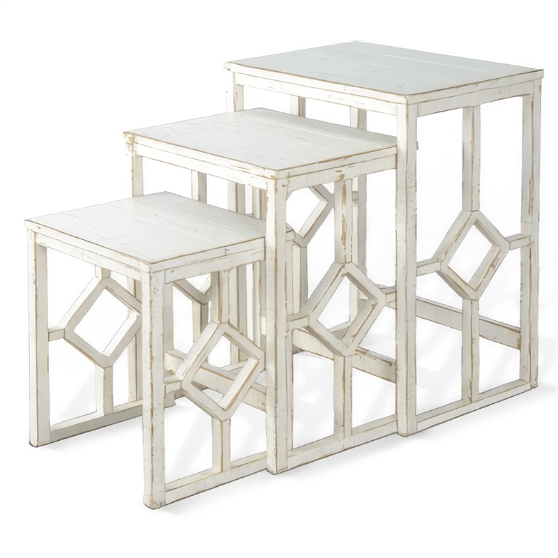 Rena 3 Piece Nesting Accent Table Set- Slatted- Rustic White Mahogany