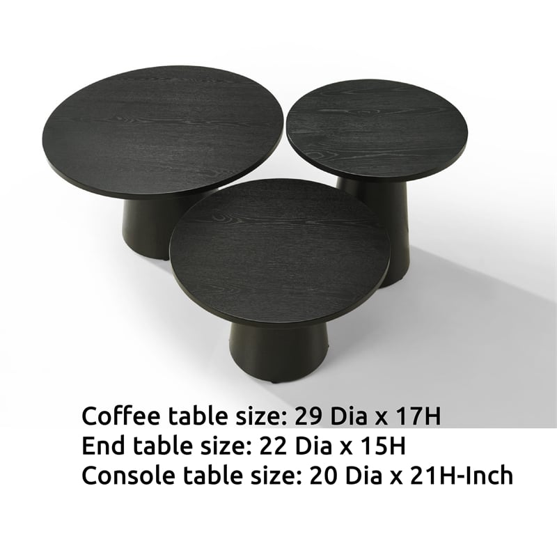 Bili 3pc Round Coffee- End and Console Table Set- Ebony Black Wood