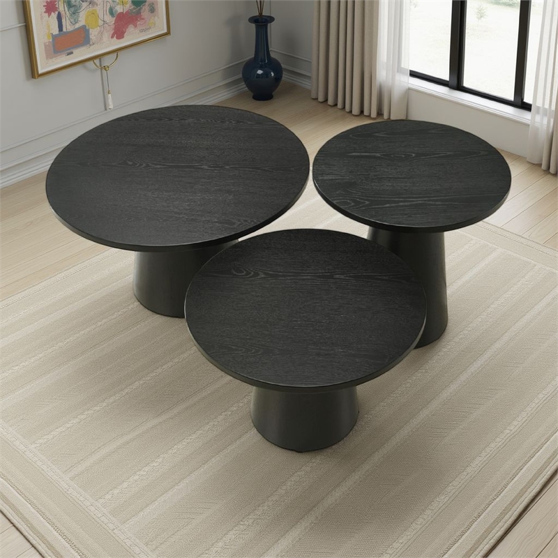 Bili 3pc Round Coffee- End and Console Table Set- Ebony Black Wood