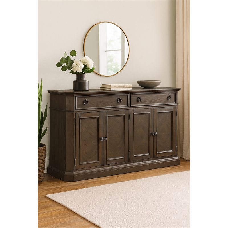 Koa 66 Inch Sideboard Server Console- 2 Beveled Drawers- Driftwood Brown