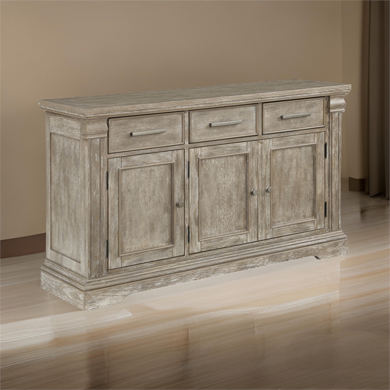 Ruth 60 Inch Sideboard Server Buffet- 3 Drawer- 3 Cabinet- Rustic Gray Wood