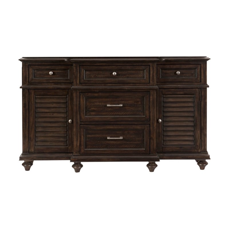 Berey 59 Inch Sideboard Buffet- 5 Drawers- 2 Cabinets- Rich Brown Wood