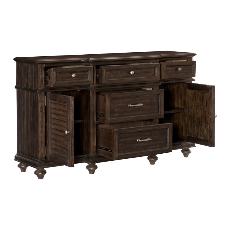 Berey 59 Inch Sideboard Buffet- 5 Drawers- 2 Cabinets- Rich Brown Wood