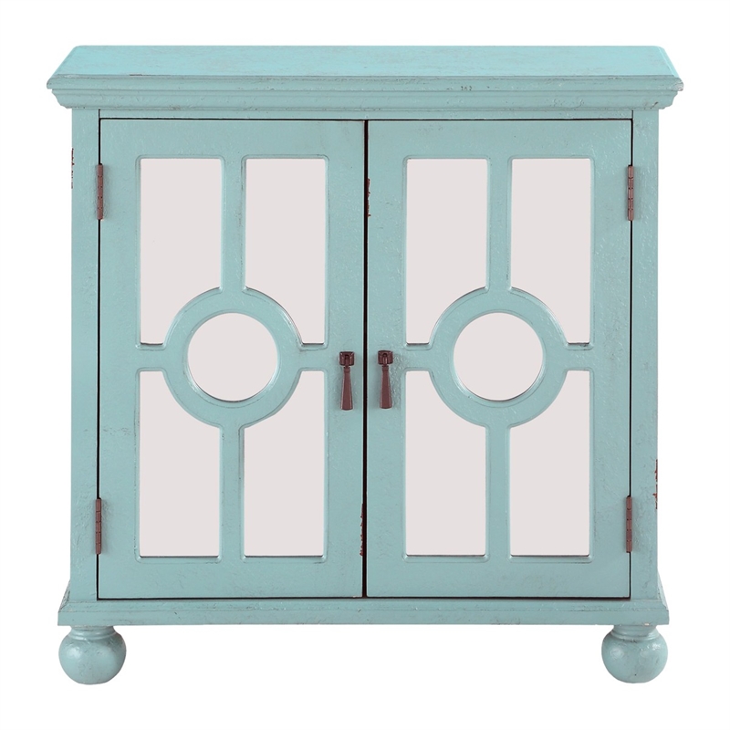 Anik Accent Cabinet- 2 Mirror Inlaid Glass Door- Aqua Green Wood