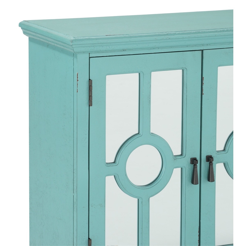 Anik Accent Cabinet- 2 Mirror Inlaid Glass Door- Aqua Green Wood