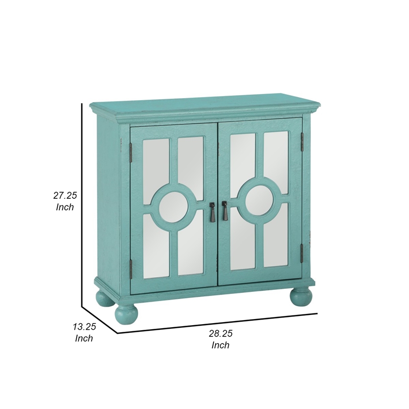 Anik Accent Cabinet- 2 Mirror Inlaid Glass Door- Aqua Green Wood