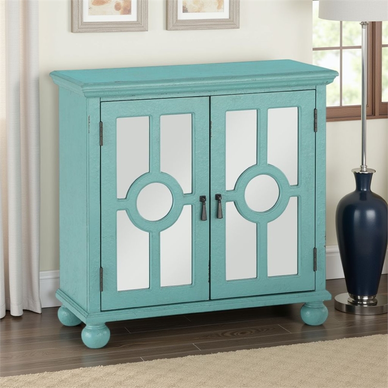 Anik Accent Cabinet- 2 Mirror Inlaid Glass Door- Aqua Green Wood