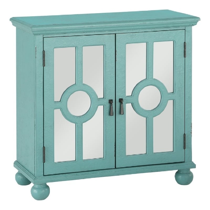 Anik Accent Cabinet- 2 Mirror Inlaid Glass Door- Aqua Green Wood