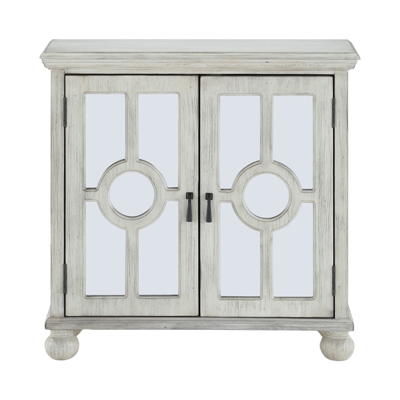 Anik Accent Cabinet- 2 Mirror Inlaid Glass Door- Antique White Wood