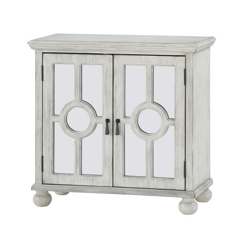 Anik Accent Cabinet- 2 Mirror Inlaid Glass Door- Antique White Wood
