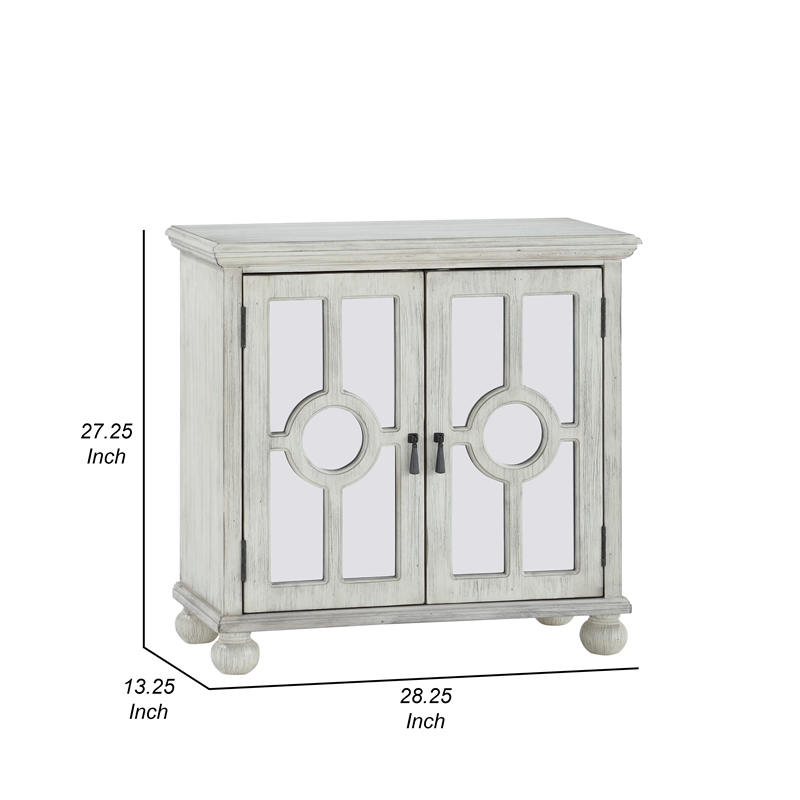 Anik Accent Cabinet- 2 Mirror Inlaid Glass Door- Antique White Wood