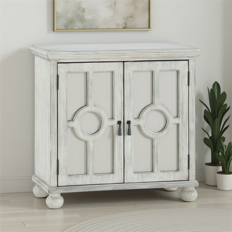 Anik Accent Cabinet- 2 Mirror Inlaid Glass Door- Antique White Wood