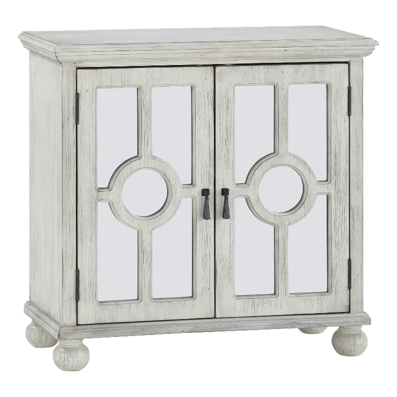 Anik Accent Cabinet- 2 Mirror Inlaid Glass Door- Antique White Wood