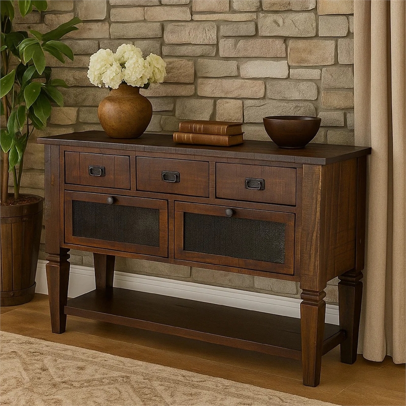 Flint Sideboard Buffet Console- 2 Doors- 3 Drawer- Shelf- Rustic Brown