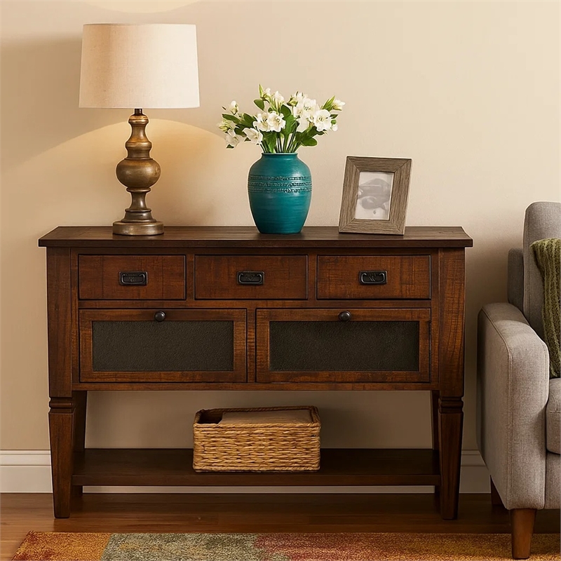 Flint Sideboard Buffet Console- 2 Doors- 3 Drawer- Shelf- Rustic Brown