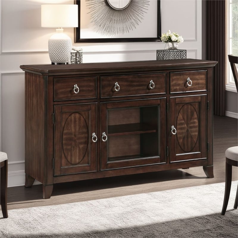 Rinie Sideboard Buffet Console- 3 Drawer 3 Cabinet- Cherry Brown Wood