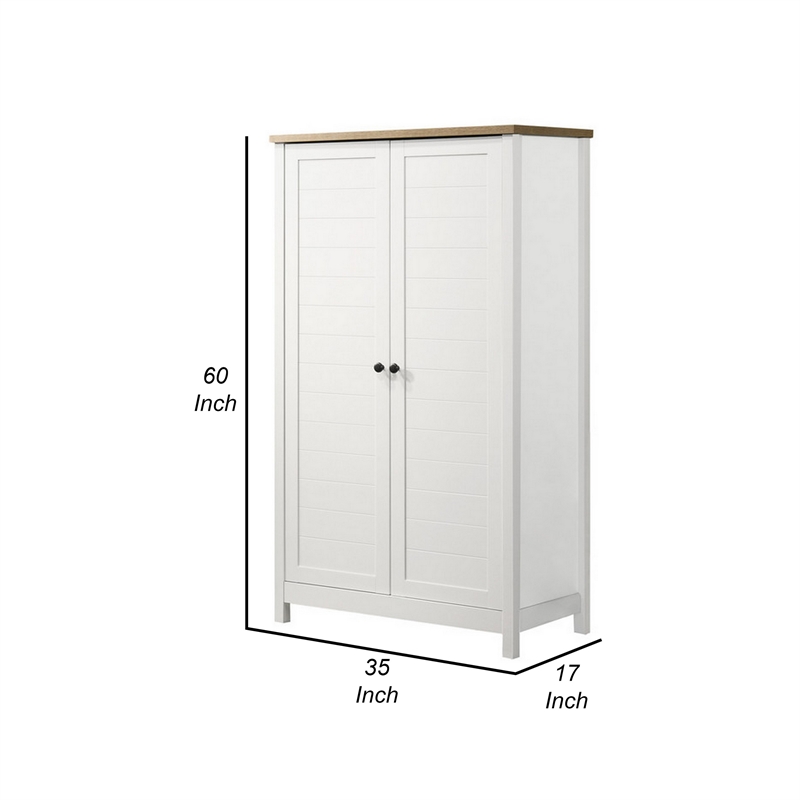 Aie 60 Inch Storage Cabinet- Framed Slatted Panel Doors- White- Brown Wood