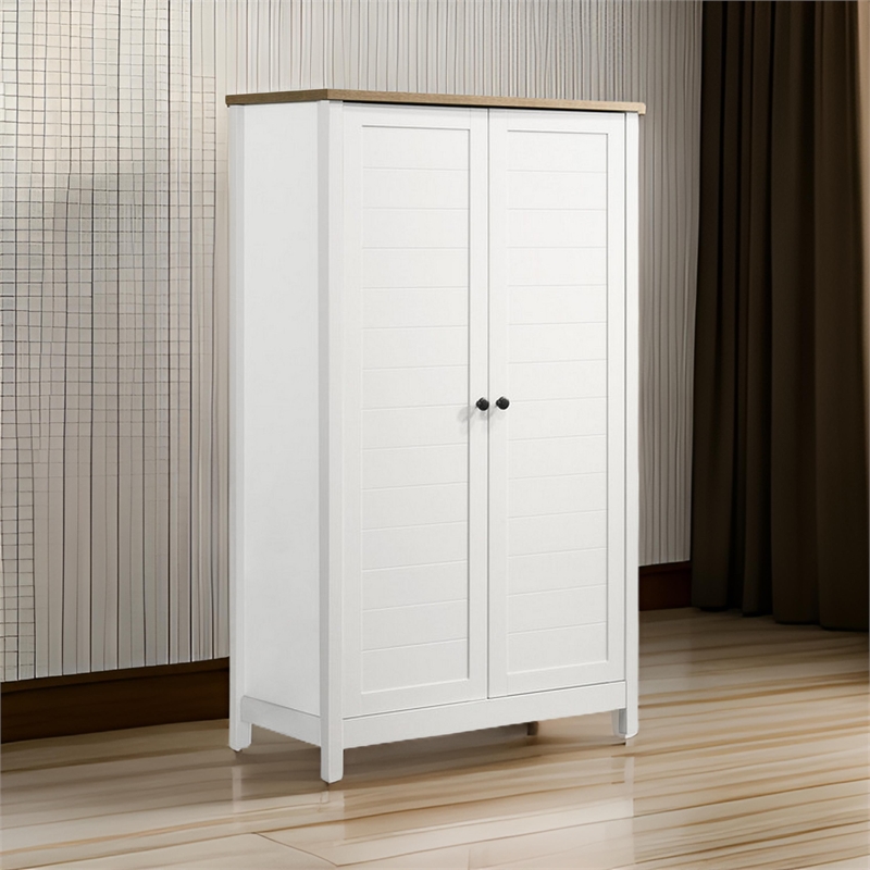 Aie 60 Inch Storage Cabinet- Framed Slatted Panel Doors- White- Brown Wood