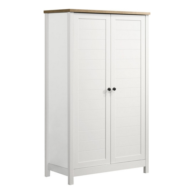 Aie 60 Inch Storage Cabinet- Framed Slatted Panel Doors- White- Brown Wood