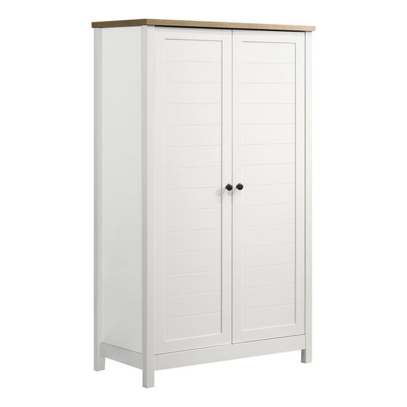 Aie 60 Inch Storage Cabinet- Framed Slatted Panel Doors- White- Brown Wood