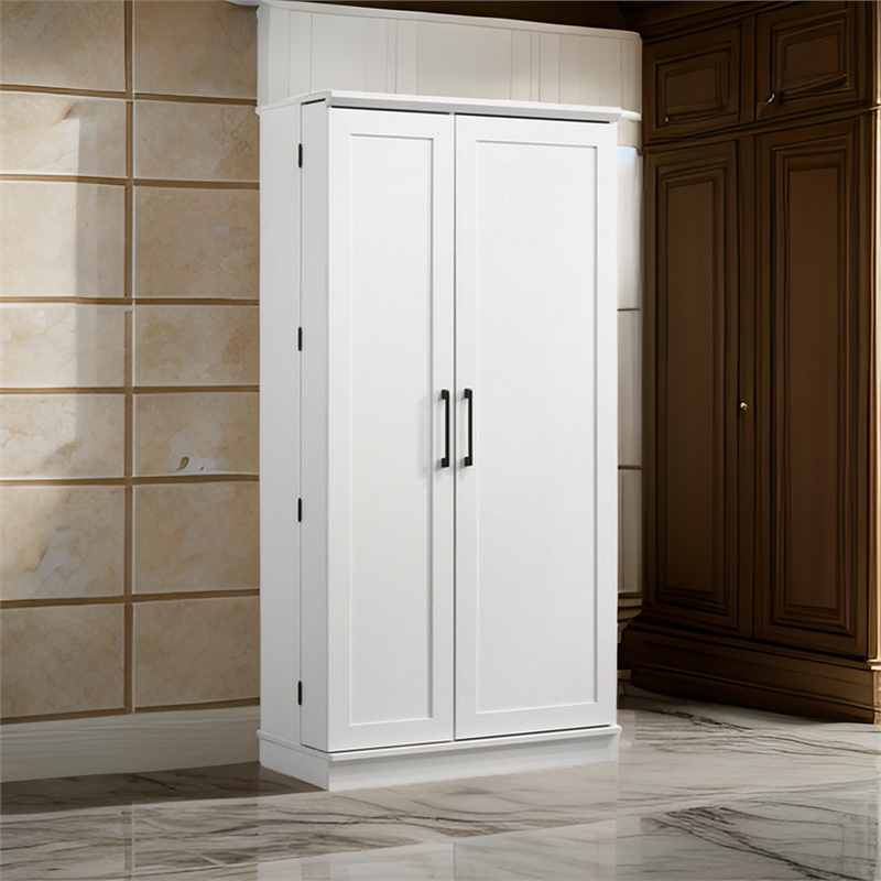 Coe 71 Inch Storage Cabinet Wardrobe with Swing Out Door- White Solid Wood