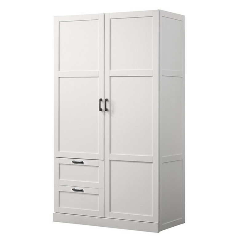 Bre 71 Inch Wardrobe Cabinet Armoire- Drawers- Hanging Rod- White Wood