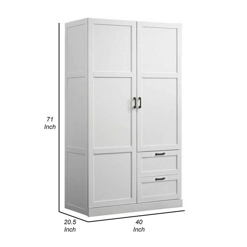 Bre 71 Inch Wardrobe Cabinet Armoire- Drawers- Hanging Rod- White Wood
