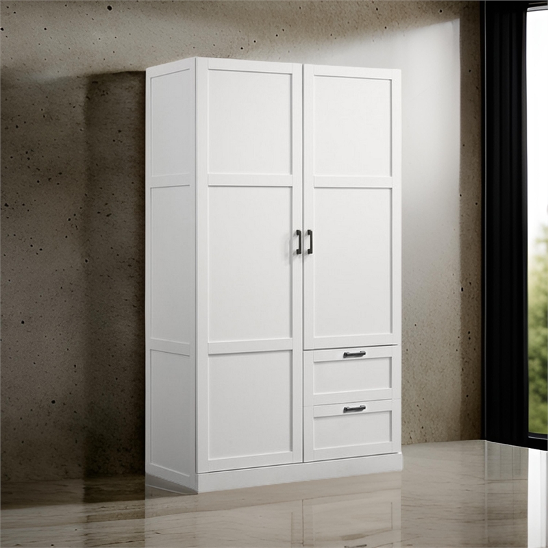 Bre 71 Inch Wardrobe Cabinet Armoire- Drawers- Hanging Rod- White Wood